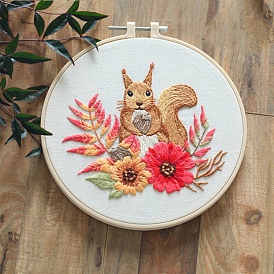 DIY Squirrel Pattern Embroidery Kits for Beginners, Including Printed Cotton Fabric, Embroidery Thread & Needles, Round Embroidery Hoop