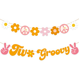 Word Two Groovy Paper Flags, Flower & Peace Sign Hanging Banner, for Birthday Party Decorations