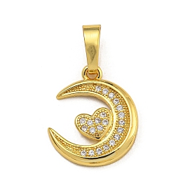 Rack Plating Brass Micro Pave Cubic Zirconia Pendants, Long-Lasting Plated, Moon with Heart