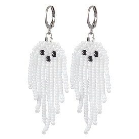 Halloween Woven MIYUKI Seed Beads Ghost Hoop Earrings, 304 Stainless Steel Leverback Earrings for Women