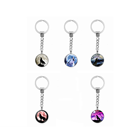 Luminous Glass Half Round/Dome with Wolf Pattern Pendant Keychains, with Alloy Findings, Glow in the Dark, for Car Key Bag Ornament