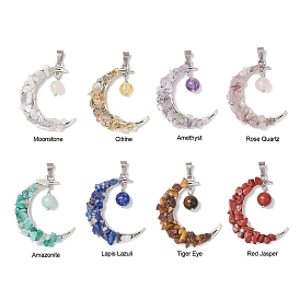 8Pcs 8 Styles Natural Mixed Gemstone Chip Pendants, Moon Alloy Charms with Round Gems, Platinum