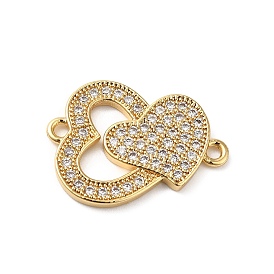 Rack Plating Brass Micro Pave Cubic Zirconia Connector Charms, Heart Links, Lead Free & Cadmium Free, Real 18K Gold Plated, Long-Lasting Plated