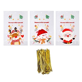 Christams Theme Self-adhesive Plastic Bakeware Bag, with Iron Wire Twist Ties, for Chocolate, Candy, Cookies, Rectangle with Deer & Snowman & Santa Claus