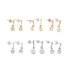 3 Pair 3 Style Crystal Rhinestone Star & Roman Number Dangle Stud Earrings, 304 Stainless Steel Jewelry for Women