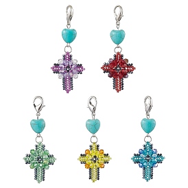 Cross Glass & Resin Pendant Decoration, Heart Synthetic Turquoise & Lobster Clasp Charms for Bag, Key Chain Ornaments