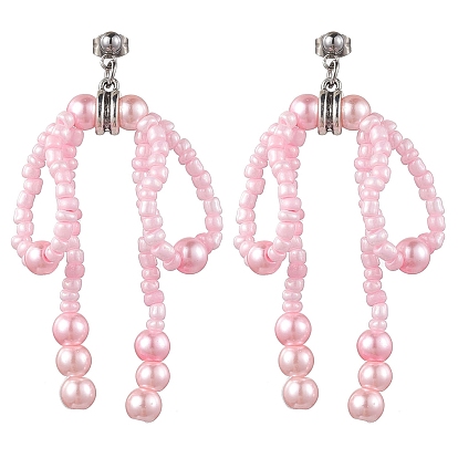 Glass Seed & Imitation Pearl Bowknot Dangle Stud Earrings, 304 Stainless Steel Long Drop Earrings