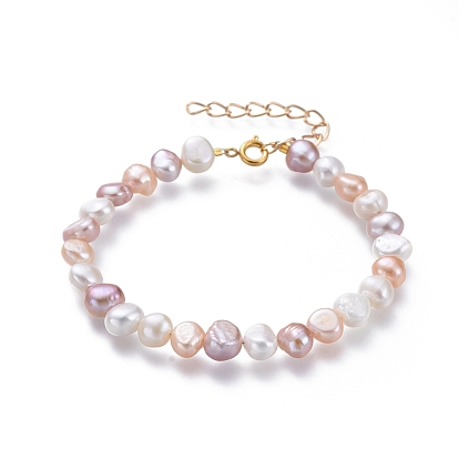 Natural Freshwater Pearl Beaded Bracelets Sets, Stackable Bracelets, with Iron Extension Chain, Brass Findings, Mixed Color