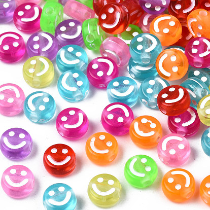 Transparent Acrylic Beads, Flat Round with Enamel Smiling Face