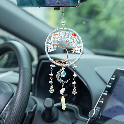 Copper Wire Wrapped Natural Howlite Chips Tree of Life Hanging Ornaments, with Iron Ring and Metal Moon Charm, for Car Decorations