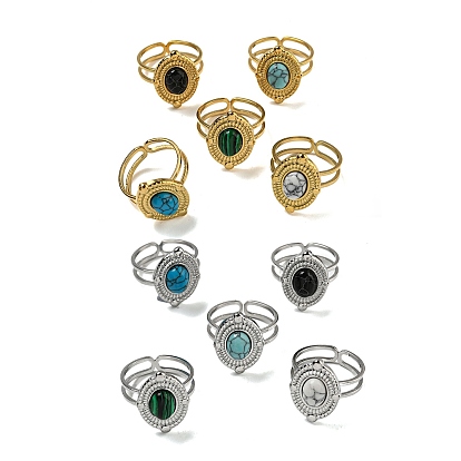Oval 304 Stainless Steel Open Cuff Rings, Synthetic Malachite & Turquoise Finger Rings for Women Men