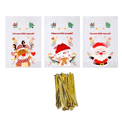 Самоклеящийся пластиковый пакет для выпечки на рождественскую тематику, с проволочными стяжками, для шоколада, конфеты, печенье, прямоугольник с оленями, снеговиком и дедом морозом