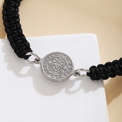 Religion 316L Surgical Stainless Steel Saint Benedict Medal Link Bracelets, Adjustable Braided Polyester Cord Bracelets, Silver Color Plated