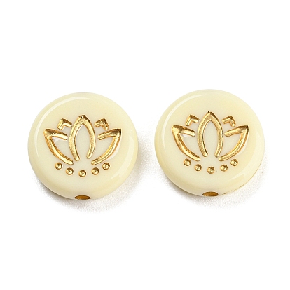 Plating Acrylic Beads, Golden Metal Enlaced, Flat Round with Lotus Pattern