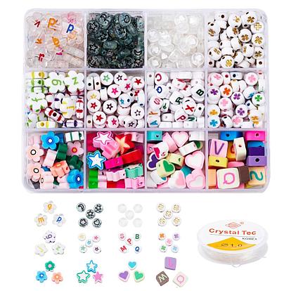 DIY Jewelry Making Kits, Including Flower & Flat Round & Heart Acrylic Beads, Flower & Star & Heart & Square Handmade Polymer Clay Beads, Crystal Elastic Thread