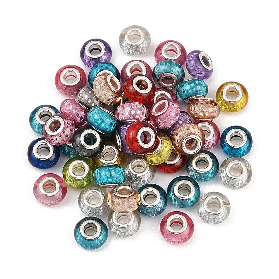50Pcs Resin European Beads, Large Hole Beads, with Silver Color Plated Brass Cores, Rondelle