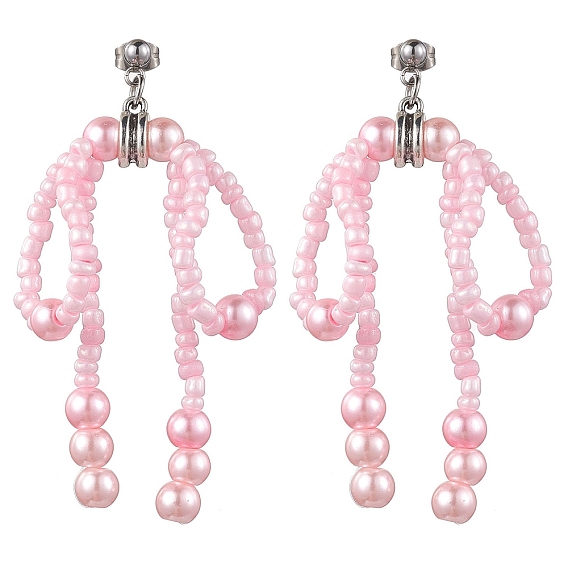 Boucles d'oreilles pendantes avec nœud papillon en graines de verre et imitation de perles, 304 boucles d'oreilles longues en acier inoxydable