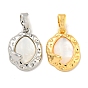 Natural Shell Pendants, Brass Textured Oval Charms with Snap on Bails
