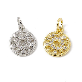 Brass Micro Pave Clear Cubic Zirconia Charms, Flat Round with Star, with Open Jump Rings