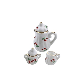 Cherry Pattern Mini Ceramic Tea Sets, including Cup, Teapot, Sugar Bowl, Miniature Ornaments, Micro Landscape Garden Dollhouse Accessories, Pretending Prop Decorations