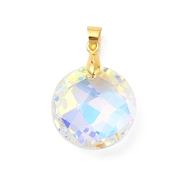 Цвет AB покрытием стеклянные подвески, плоский круглый шарм, с помощью латунного ледоруба, золотые, граненые