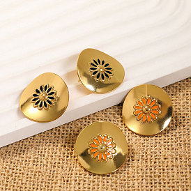 304 Stainless Steel Enamel Stud Earrings, Flat Round with Flower, Asymmetrical Earrings, Golden