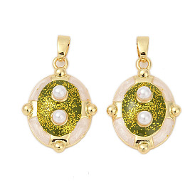 Латунь эмаль подвески, с пластиковыми искусственными жемчужинами и пайетками, овальные амулеты, стойки покрытие, прочное покрытие, без кадмия и без свинца