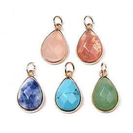 Natural & Synthetic Gemstone Pendants, with Light Gold Plated Brass Edge and Iron Loops, Teardrop, Faceted