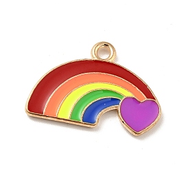 Rainbow Color Alloy Enamel Pendants, Rainbow with Heart Charms, Light Gold