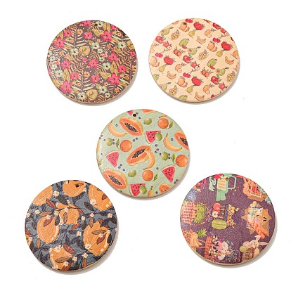 Printed Wood Pendants, Flat Round, Mixed Pattern