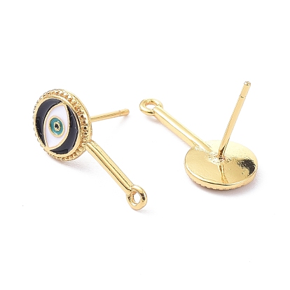 Brass Enamel Stud Earring Findings, with Loop, Evil Eye, Long-Lasting Plated, Real 18K Gold Plated, Cadmium Free & Lead Free