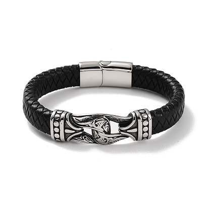 Men's Braided Black PU Leather Cord Bracelets, Lock 304 Stainless Steel Link Bracelets with Magnetic Clasps