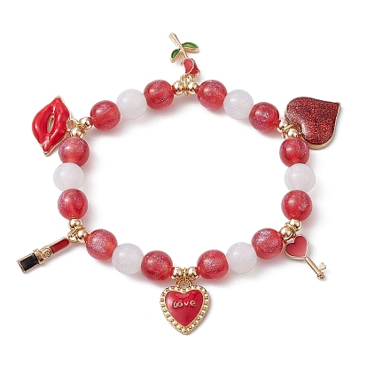 Resin Round Beaded Stretch Bracelet, Heart & Flower & Lip Charms Bracleet for Valentine's Day