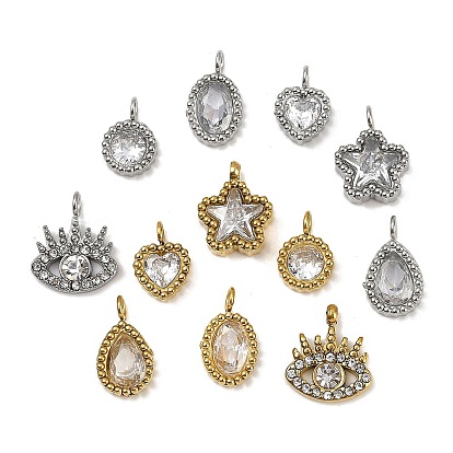304 подвески из микро-паве из нержавеющей стали с фианитами, звезда/дурной глаз/слеза/плоский круг/овал/сердце