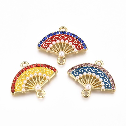 Alloy Links Connectors, with Enamel, Plastic Imitation Pearl & Rhinestone, Hand Fan, Golden