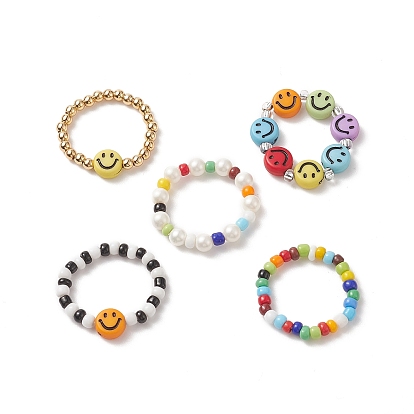 5Pcs 5 Style Smiling Face Acrylic & Glass Seed Stretch Rings Set, Braided Beaded Jewelry for Women