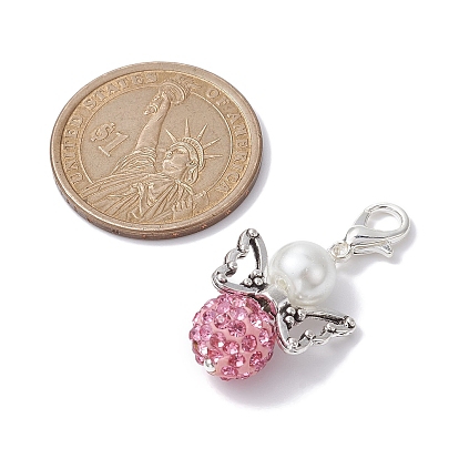 Angel Polymer Clay Rhinestone Bead & Glass Pearl Pendant Decorations, with Alloy Lobster Claw Clasps