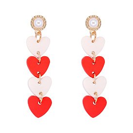 Red and White Heart-shaped Acrylic Tassel Earrings with Long Love Hearts Dangle Drop Studs for Women