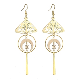 Brass Butterfly & Moon Dangle Earrings, with 201 Stainless Steel Bar Pendants, for Women