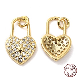 925 Sterling Silver Micro Pave Cubic Zirconia Charms, Heart Lock with Star Charm, with Jump Ring