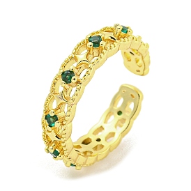 Hollow Brass Micro Pave Green Cubic Zirconia Cuff Rings, Open Rings for Women
