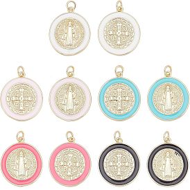 10Pcs 10 Style  Brass Enamel Pendants, with Jump Ring, Real 18K Gold Plated, Long-Lasting Plated, Flat Round with Cross or Saint
