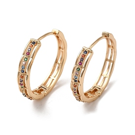 Brass Micro Pave Colorful Cubic Zirconia Hoop Earrings, Hollow Rectangle