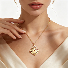 304 Stainless Steel Hollow Out Rhombus with Sun Pendant Necklaces for Women