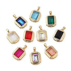 Rack Plating Brass Pendants, Rectangle Shaped Glass Charms, Long-Lasting Plated, Cadmium Free & Lead Free, Real 18K Gold Plated