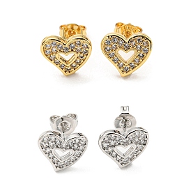 Clear Cubic Zirconia Heart Stud Earrings, Rack Plating Brass Earrings, Lead Free & Cadmium Free