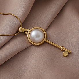 304 Женские ожерелья с подвеской-ключом из нержавеющей стали с белым искусственным жемчугом