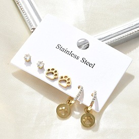 304 Stainless Steel Rhinestone Paw Print Earring Sets, Ion Plating(IP)