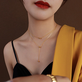 Collier minimaliste de perles double épaisseur pour femme en acier titane et or blanc