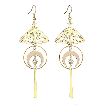 Brass Butterfly & Moon Dangle Earrings, with 201 Stainless Steel Bar Pendants, for Women